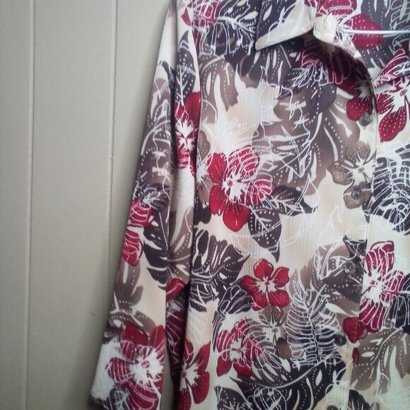 Allison Daley Blouse 16 Button Up 3/4 Sleeve Textured Floral Brown Red - Picture 9 of 13